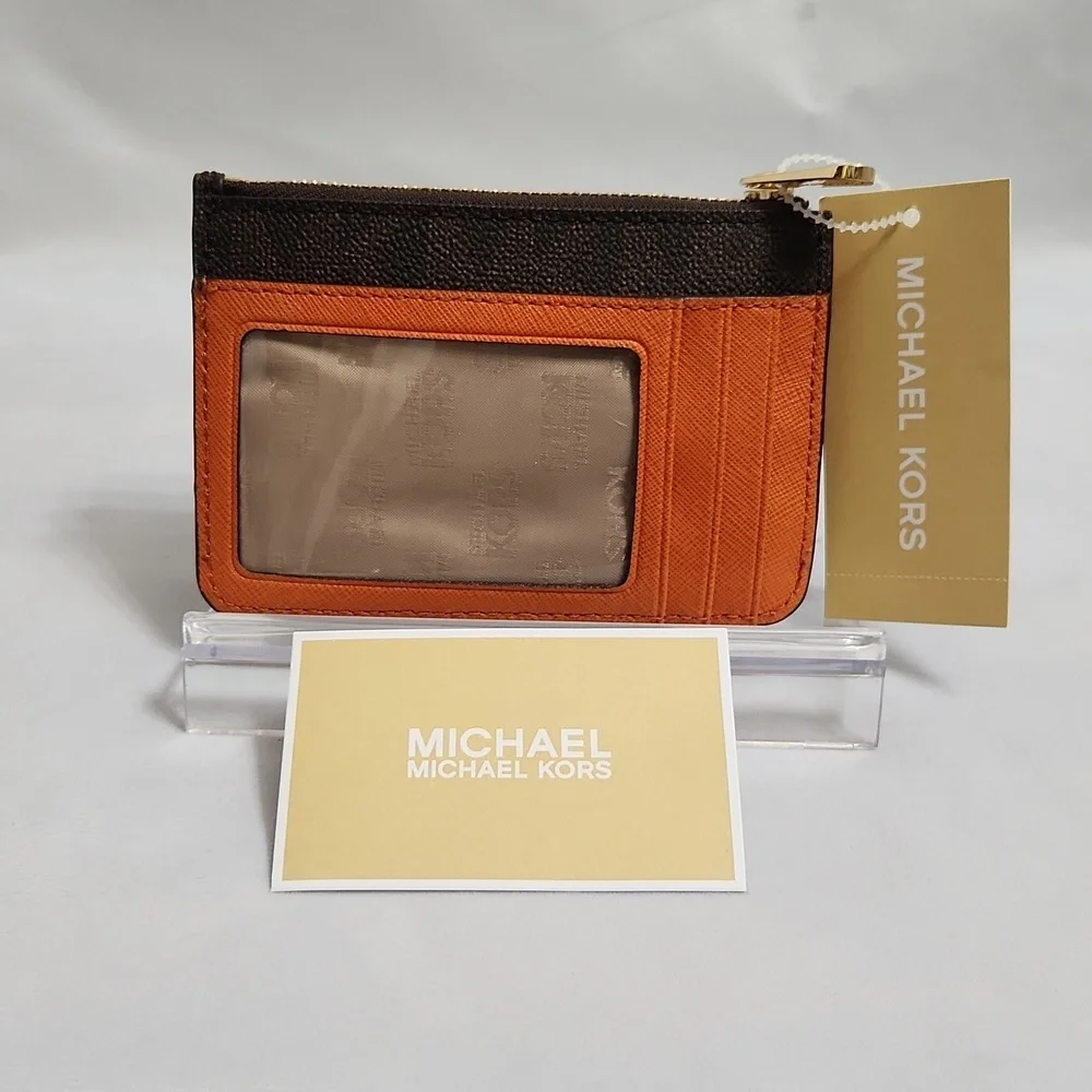 Michael Kors Jet Set Small Brown Tangerine Coinpouch w ID Holder Wallet